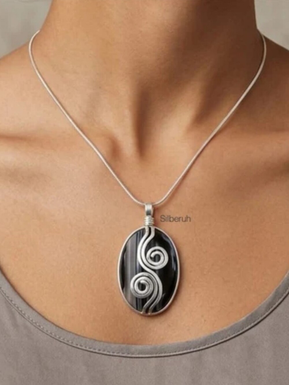 Sardonys Banded Agate Oval Pendant On Silver Chain Necklace